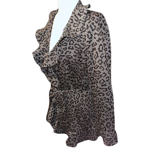 Sandro Studio Black Grey Leopard Print Ruffle Front Belted Jacket Size Medium - Picture 6 of 7